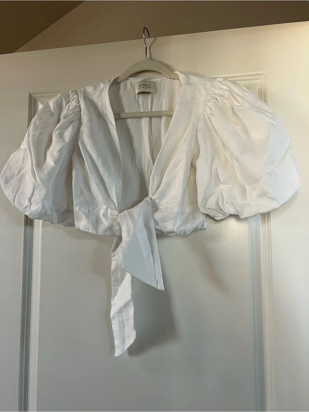 Dissh - Linen Tie-Front Puff Sleeve Crop Top - White